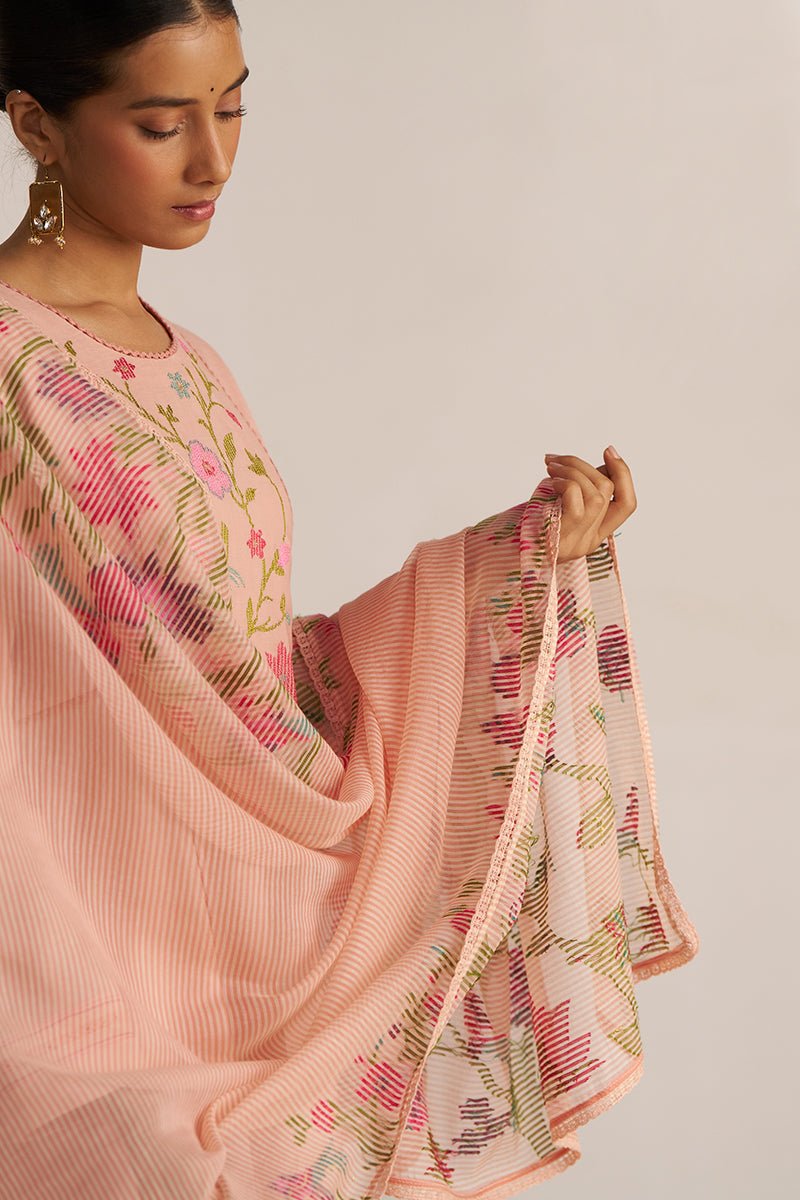 Pale Blush Embroidered and Woven Kurta Set