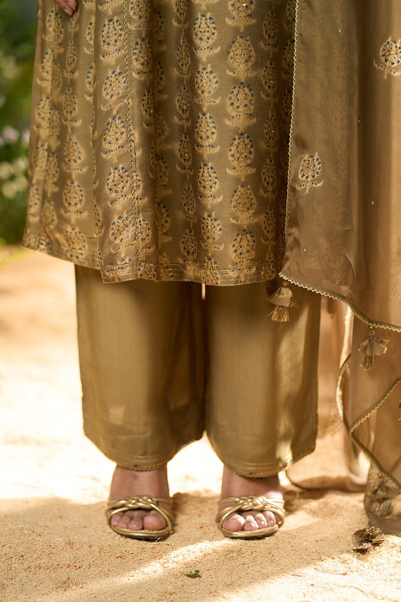 Olive Green Silk Print Festive Kurta Set