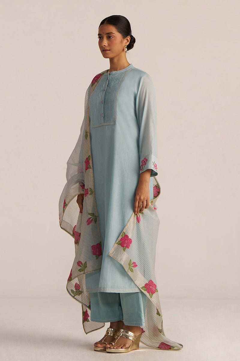 Ether Blue Embroidered and Woven Kurta Set