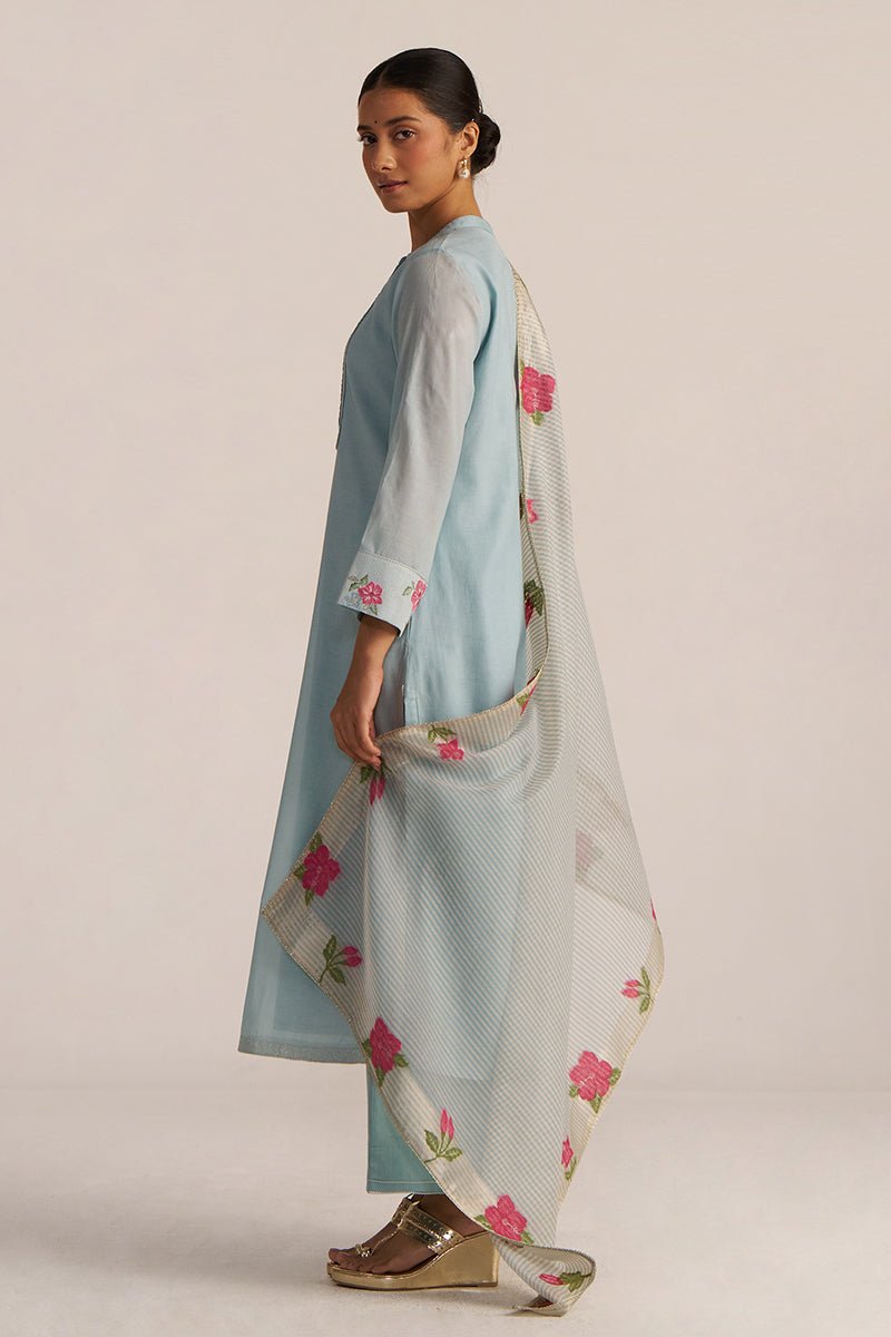 Ether Blue Embroidered and Woven Kurta Set