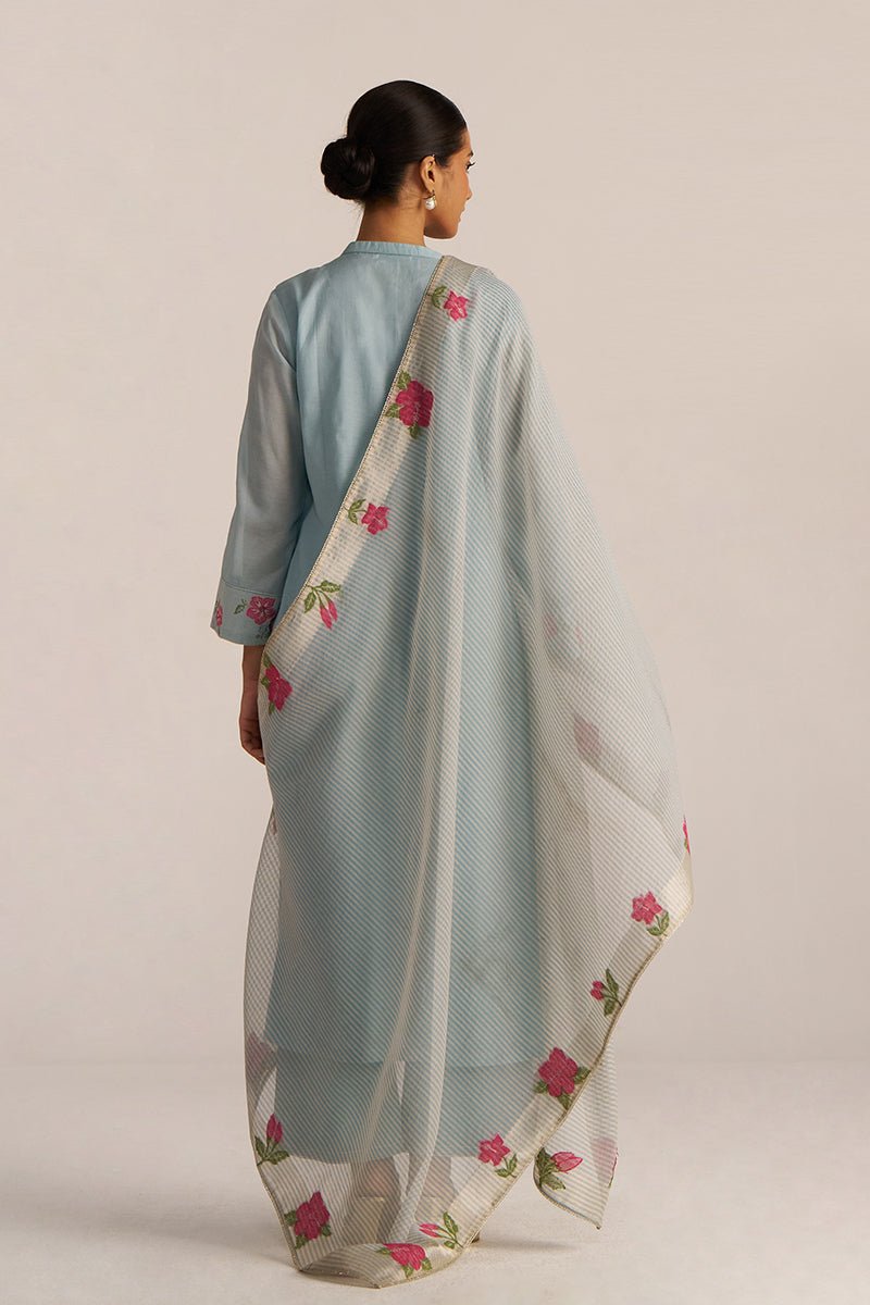 Ether Blue Embroidered and Woven Kurta Set