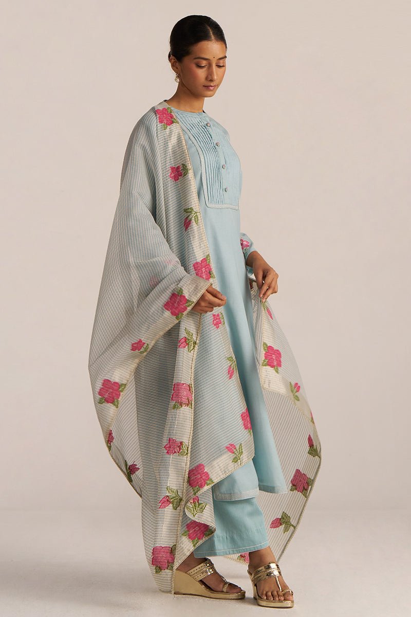Ether Blue Embroidered and Woven Kurta Set