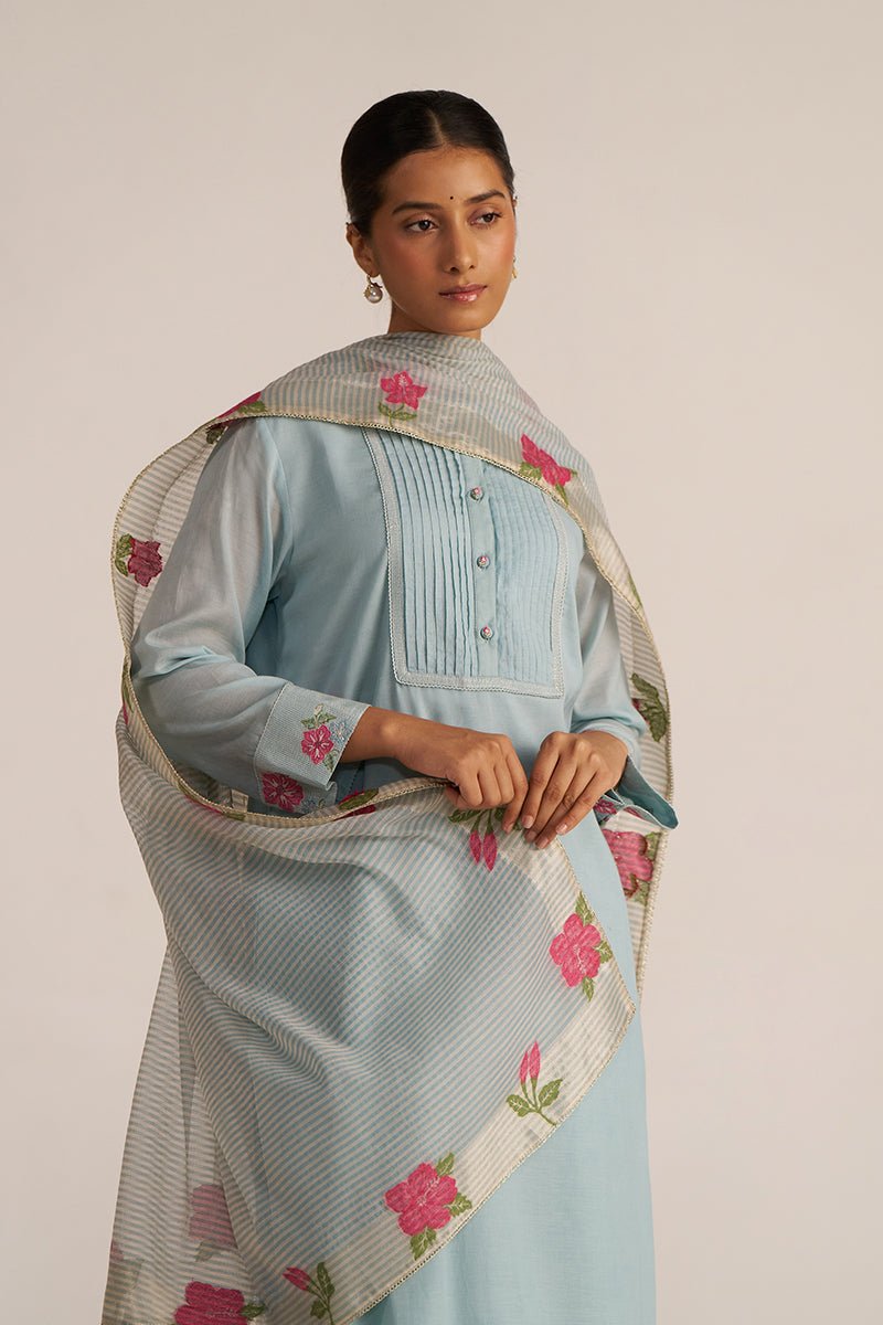 Ether Blue Embroidered and Woven Kurta Set