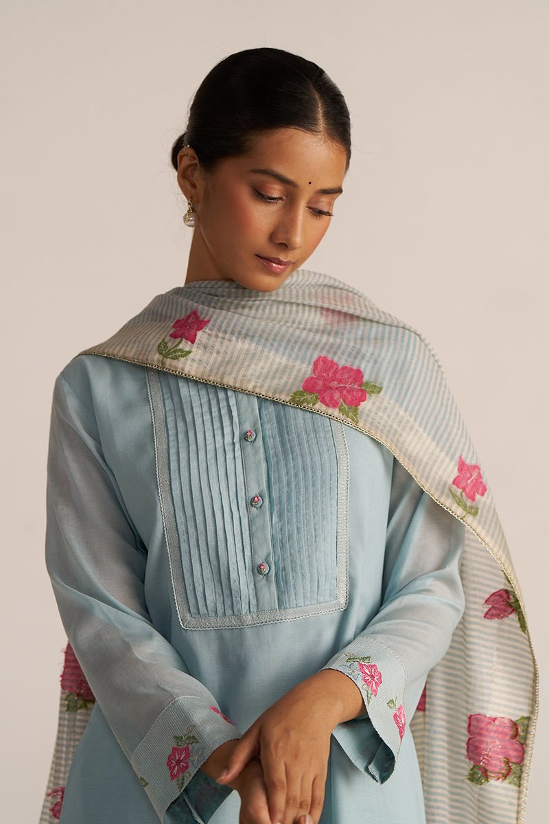 Ether Blue Embroidered and Woven Kurta Set