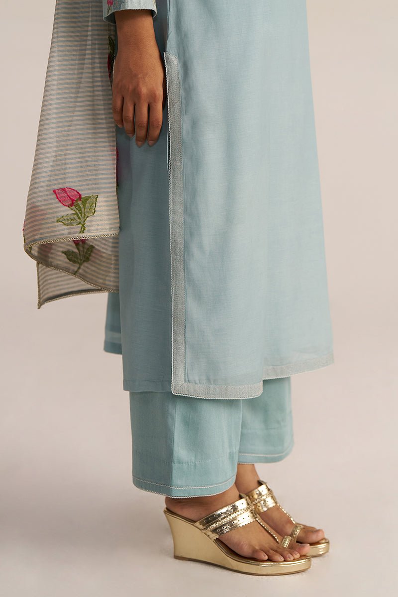 Ether Blue Embroidered and Woven Kurta Set