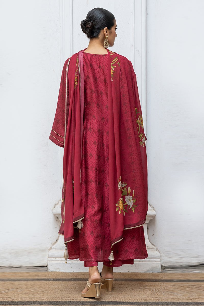 Wine Raw Silk Printed and Hand Detailed Festive Salwar Suit