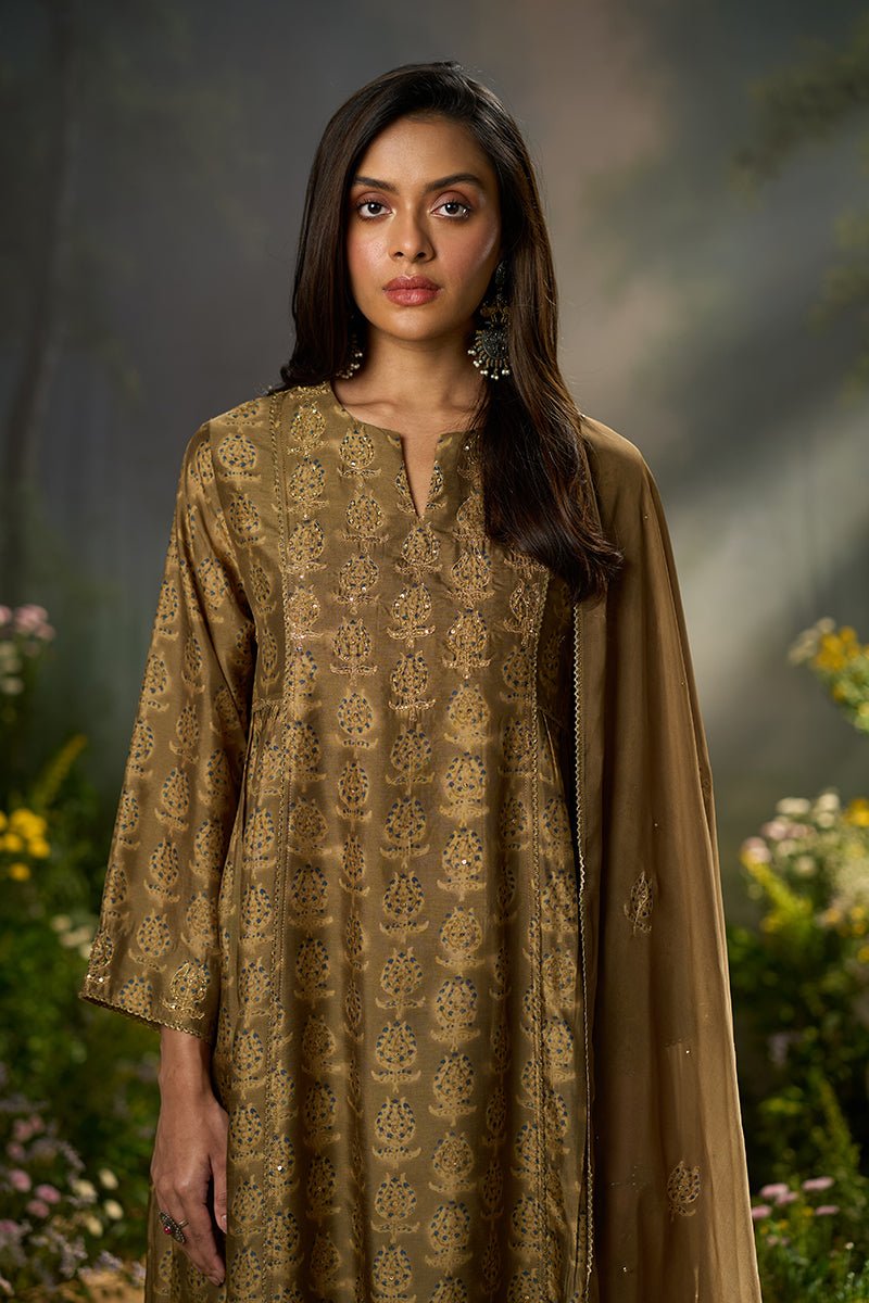 Olive Green Silk Print Festive Kurta Set