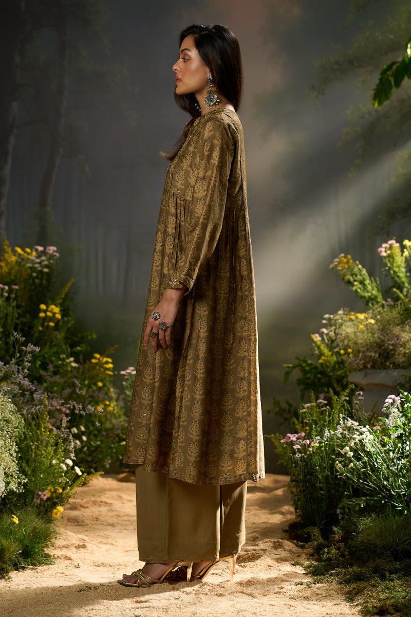 Olive Green Silk Print Festive Kurta Set