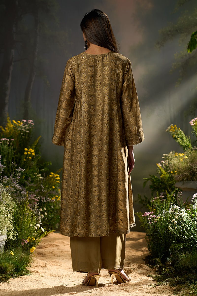 Olive Green Silk Print Festive Kurta Set