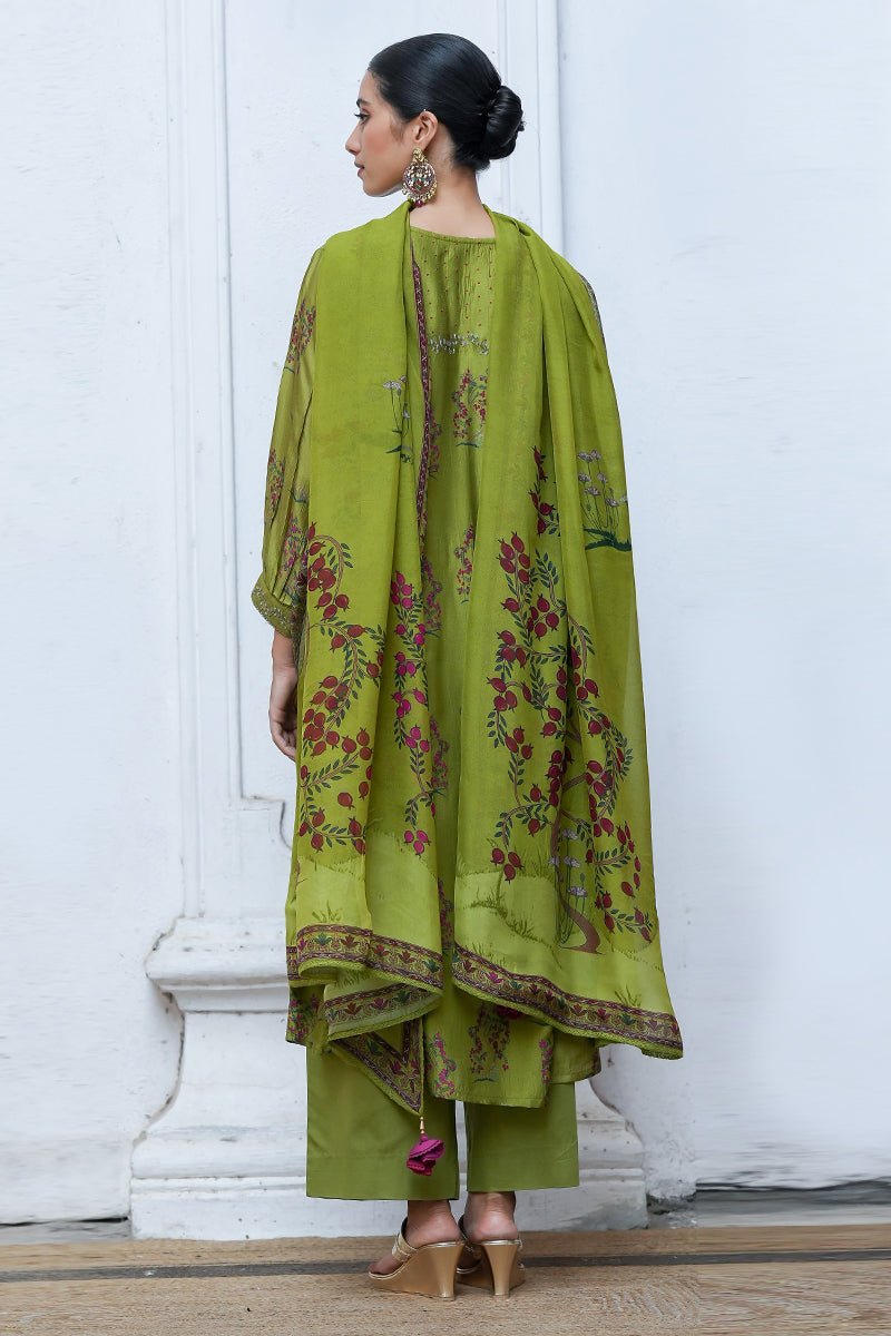 Henna Green Raw Silk Salwar Suit With Organza Dupatta