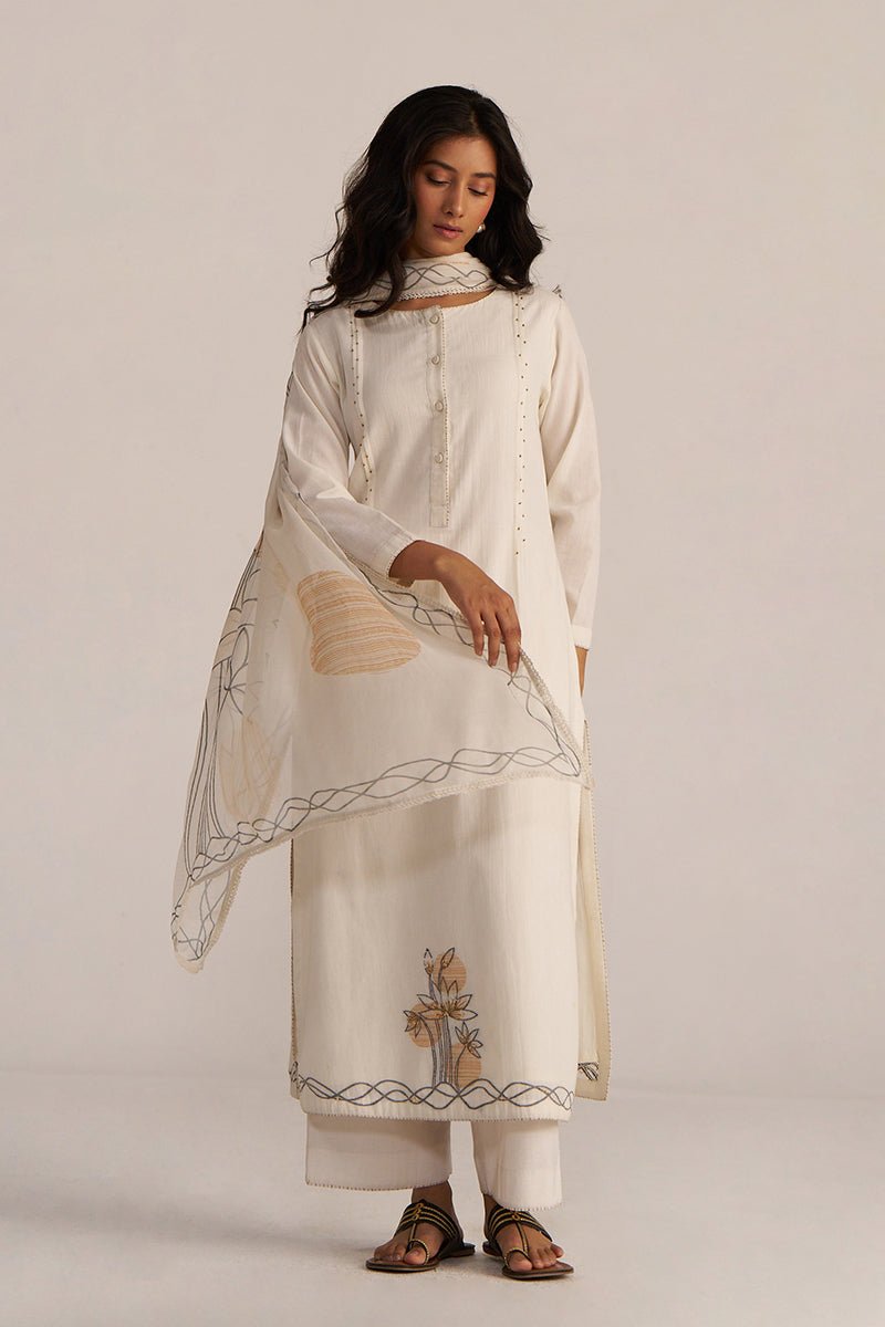 Off-White Cotton Woven Kurta Set