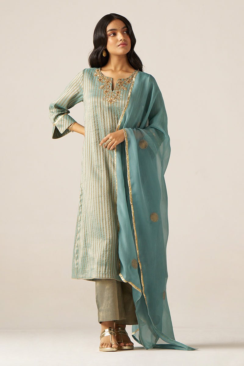 Mineral Blue Woven Tissue Festive Kurta Set