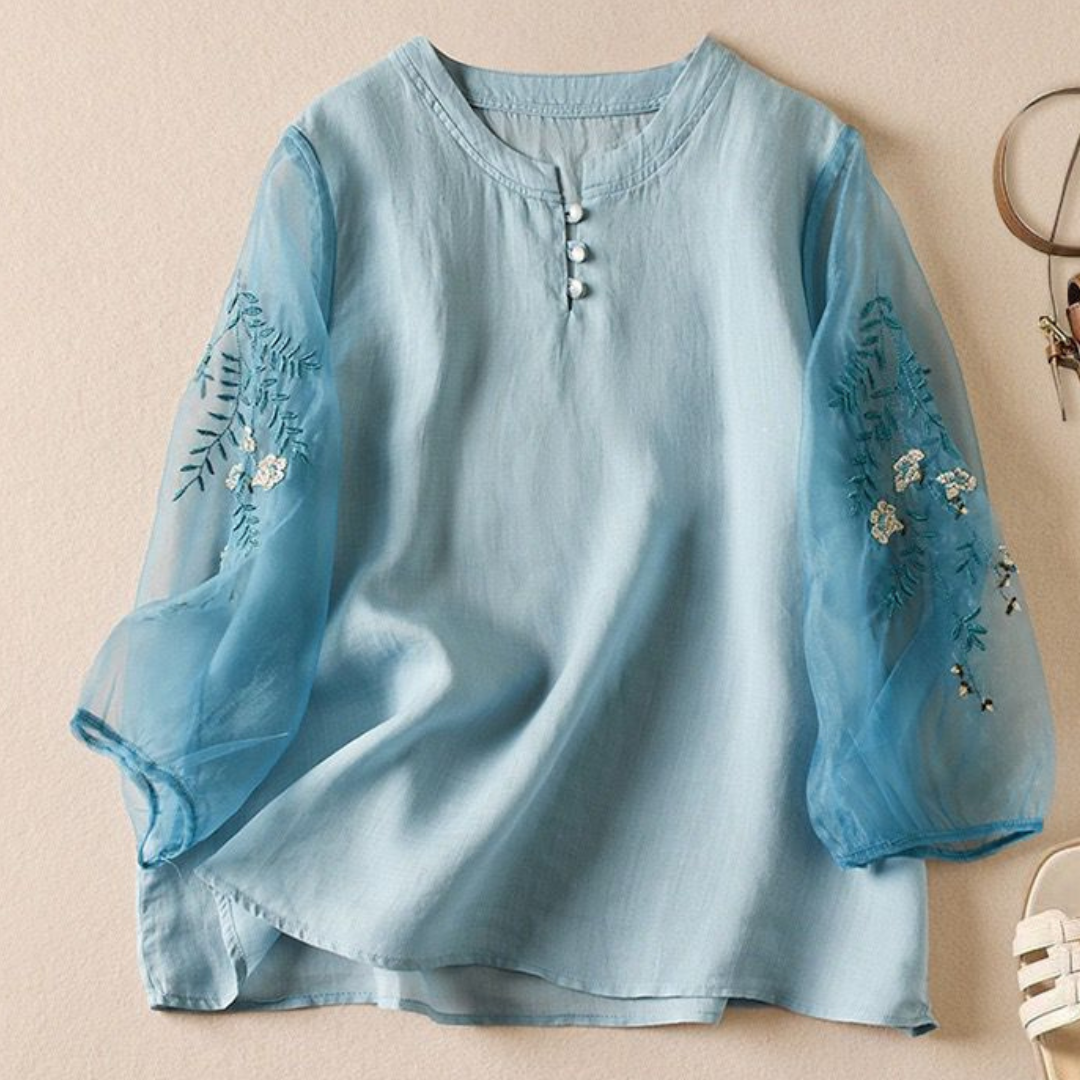 Pure Cotton Embroidered Organza Sleeves Top