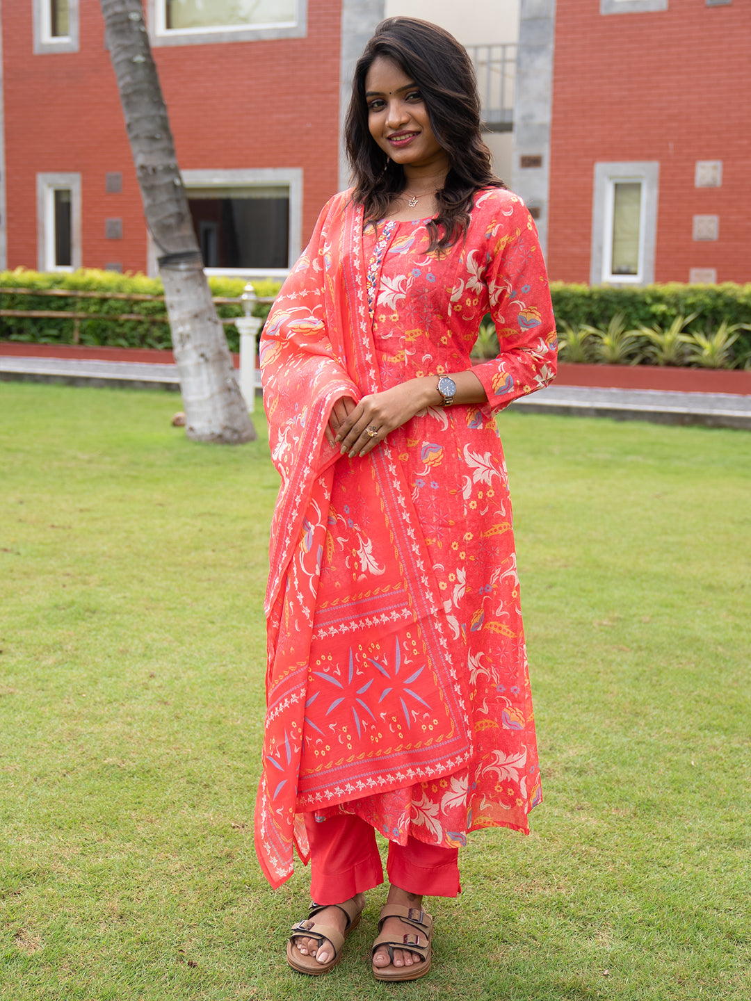 Women Coral Red MM Silk Printed Kurti Set EKS122