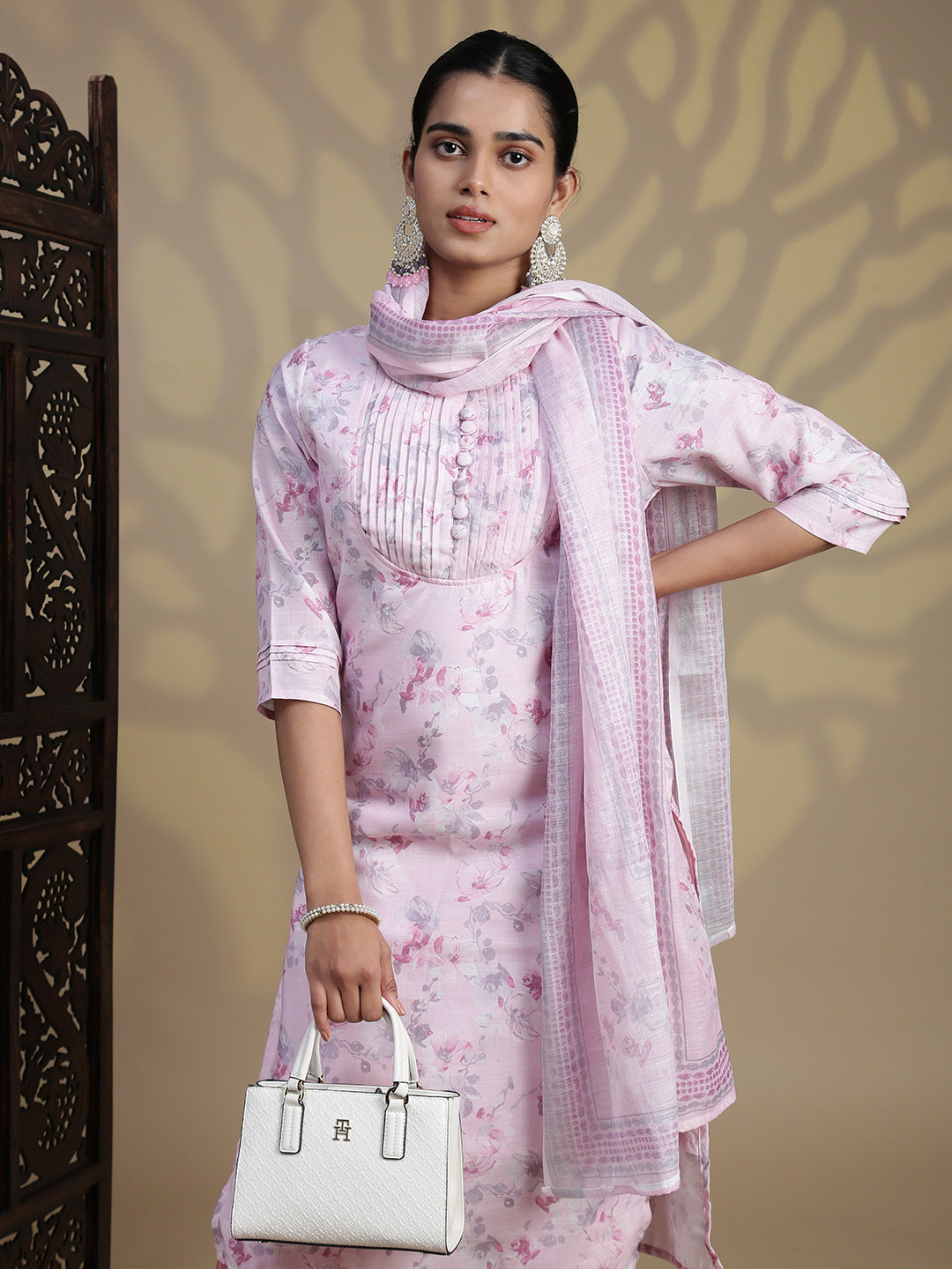 Women Semi Linen Printed Kurti Set Light Pink EKS93