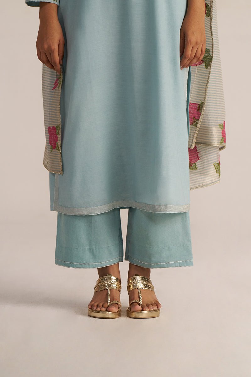 Ether Blue Embroidered and Woven Kurta Set
