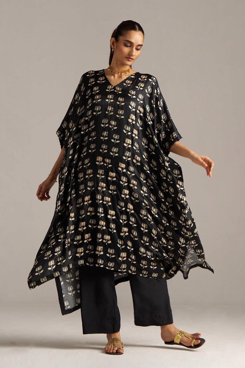 Black Lotus Print Gaji Silk Festive Kaftaan Set ( Co-ord Set )