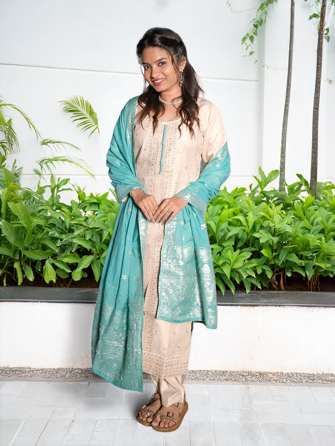 Women Cream with Blue MM Silk Embroidery Kurti Set EKS124