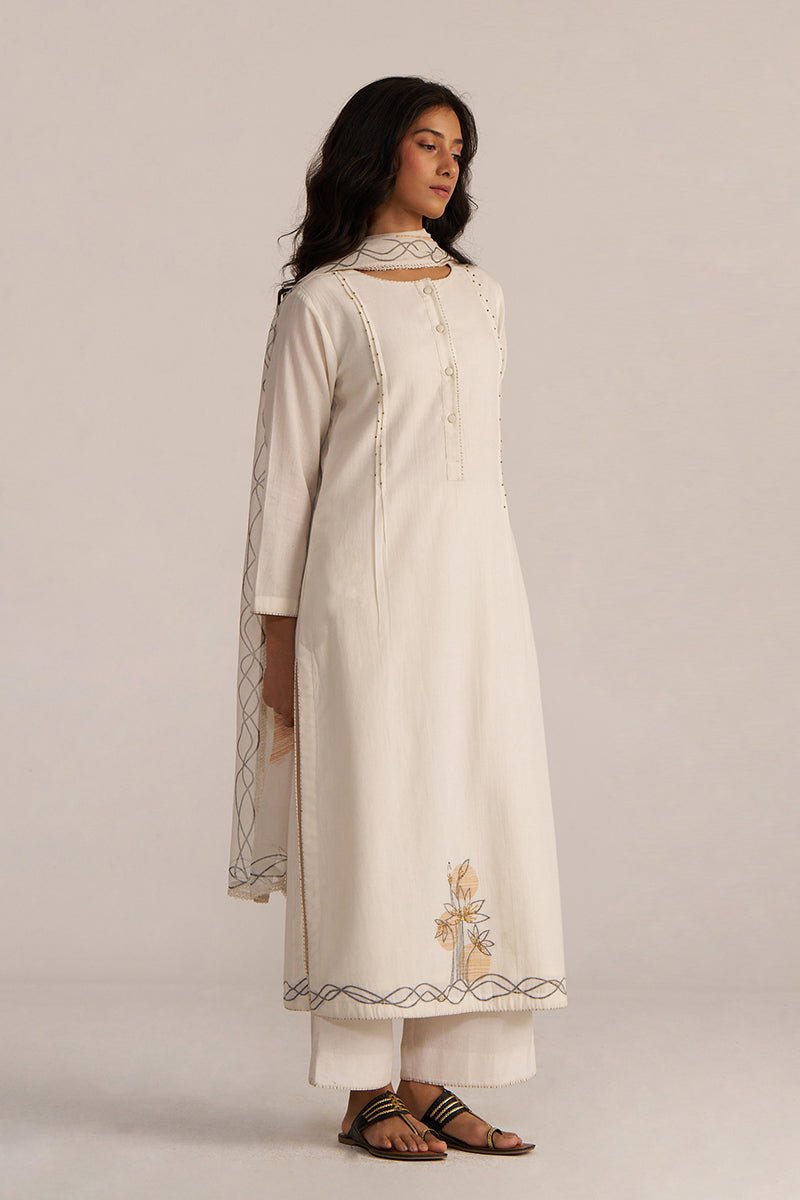 Off-White Cotton Woven Kurta Set