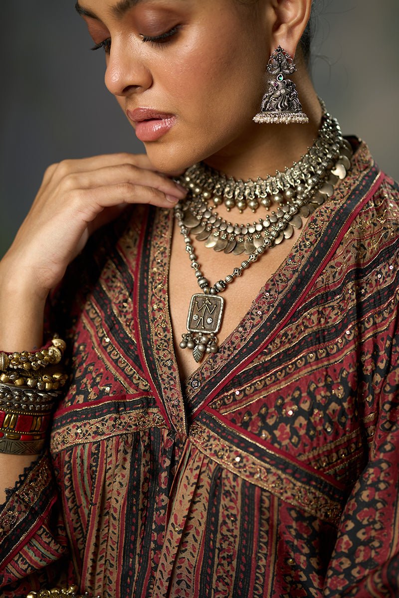 Deep Maroon and Black Silk Traditional Co-ord Set