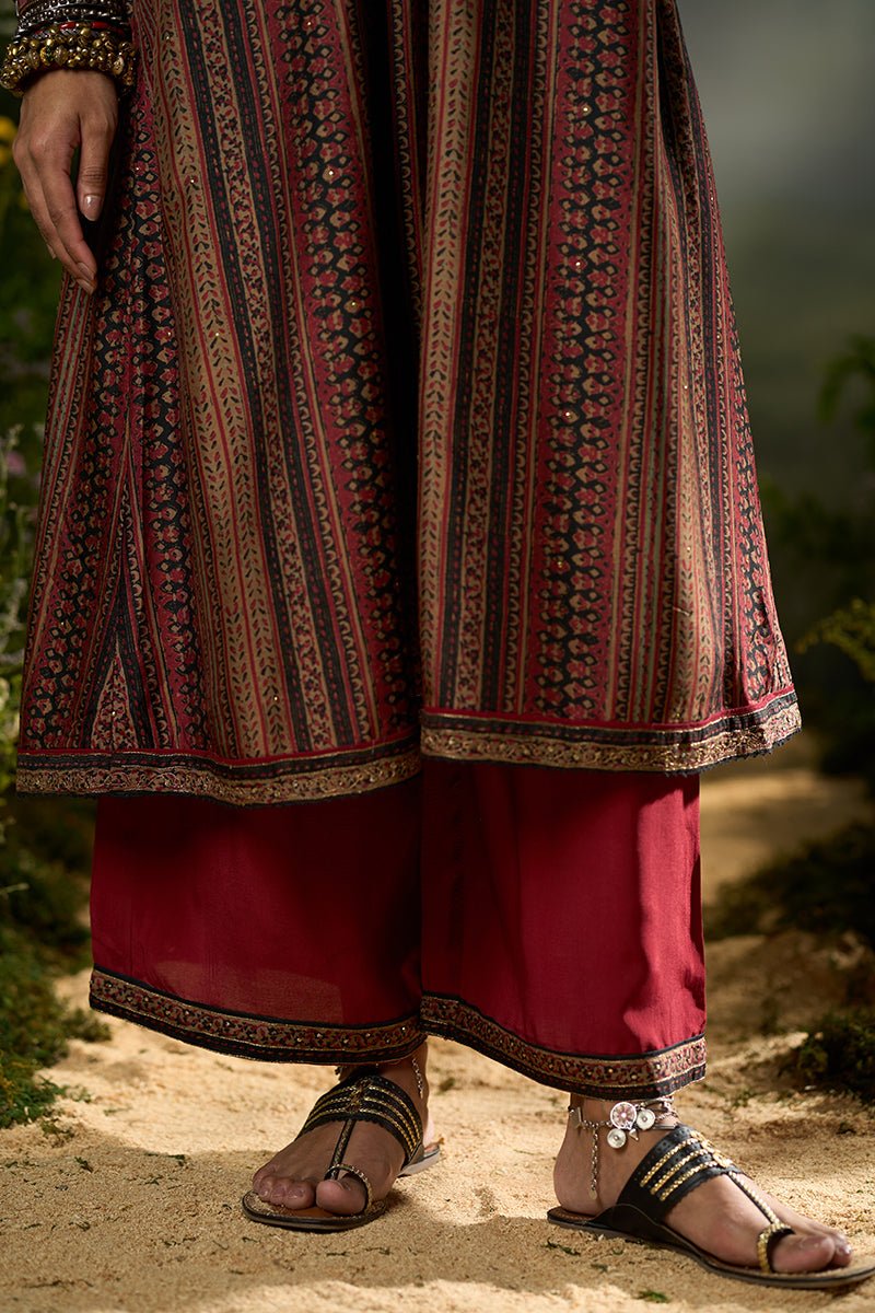 Deep Maroon and Black Silk Traditional Co-ord Set