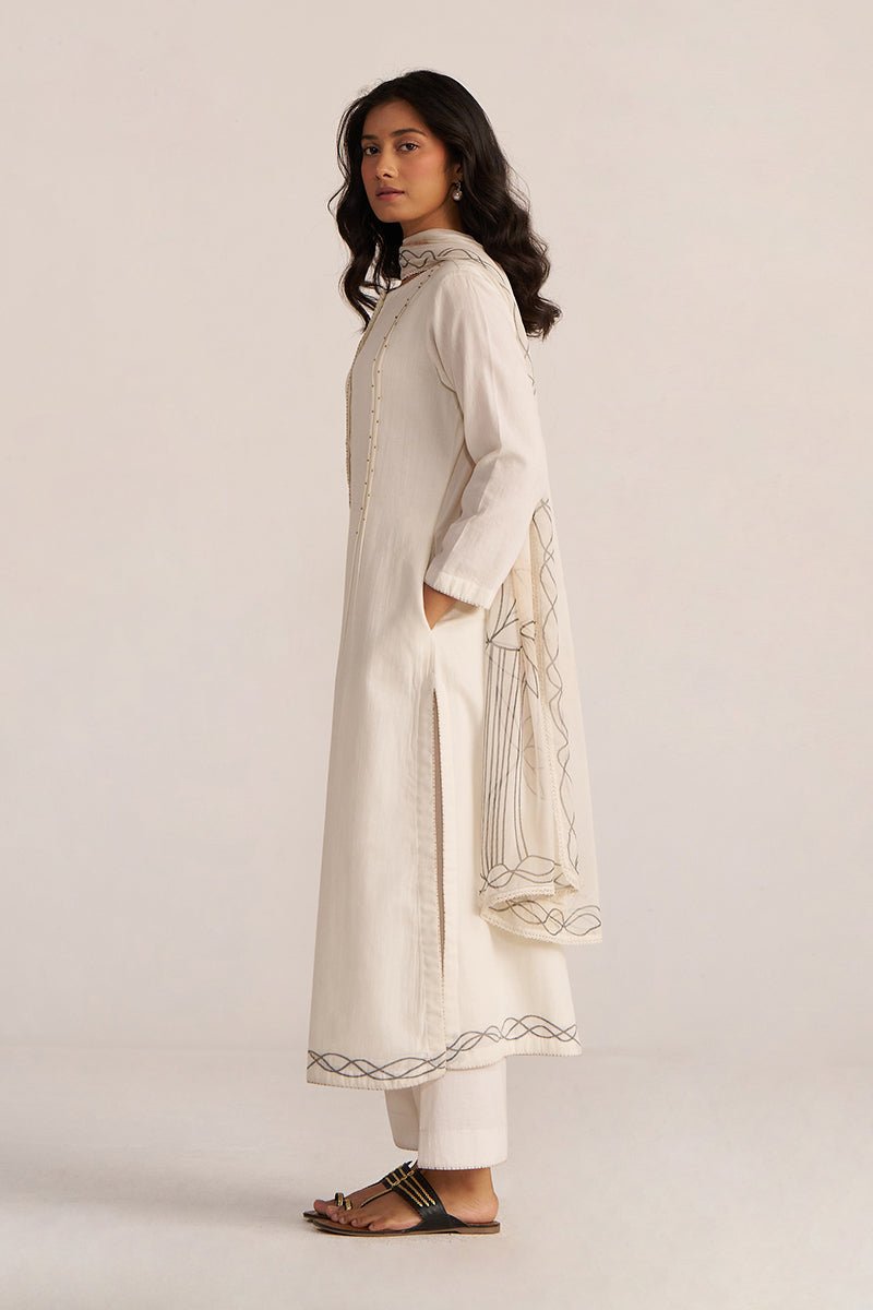 Off-White Cotton Woven Kurta Set