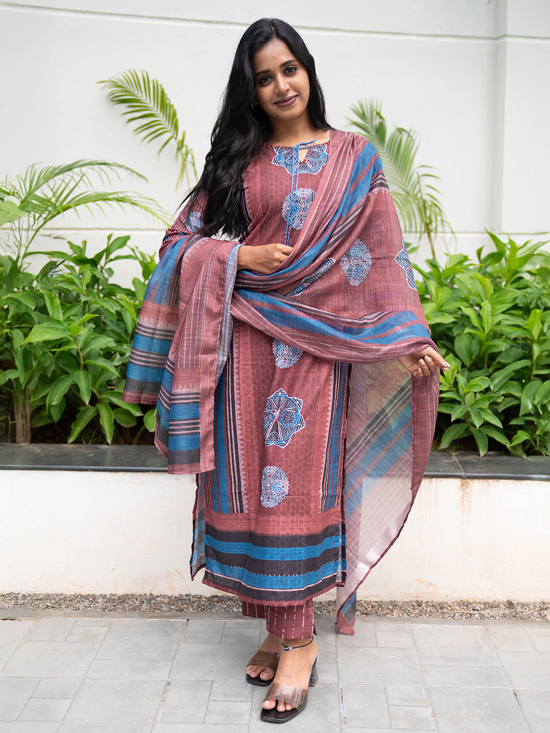 Women Pure Cotton Embroidered Maroon Kurti with Pant & Dupatta Set EKS114