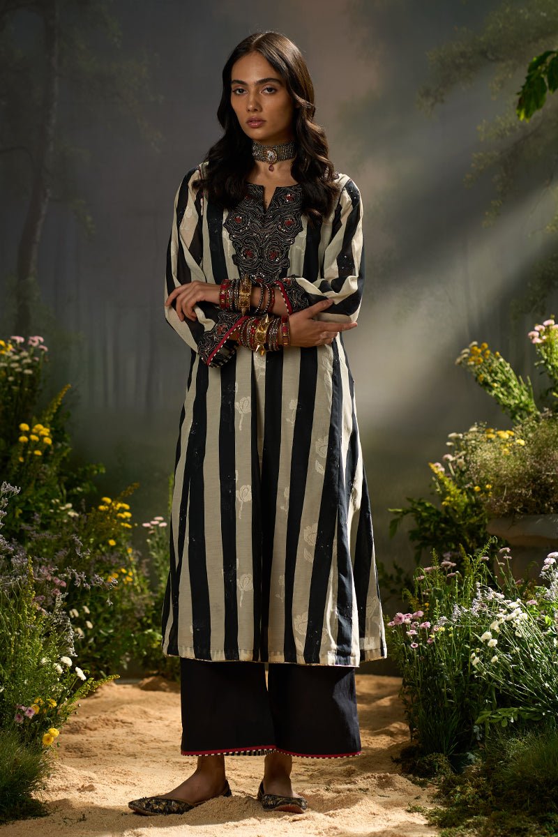 Black and Off White Stripe Traditional Co-ord Set
