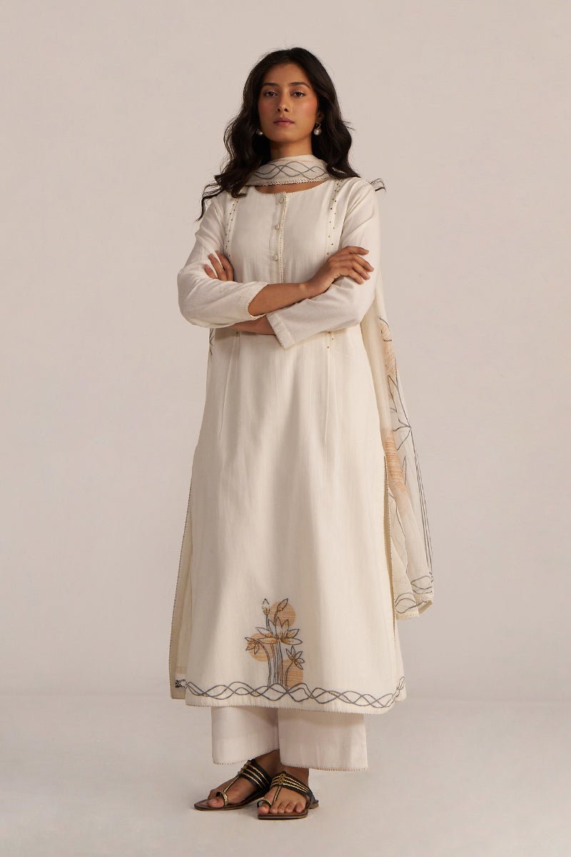 Off-White Cotton Woven Kurta Set