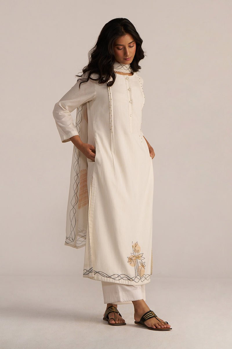 Off-White Cotton Woven Kurta Set