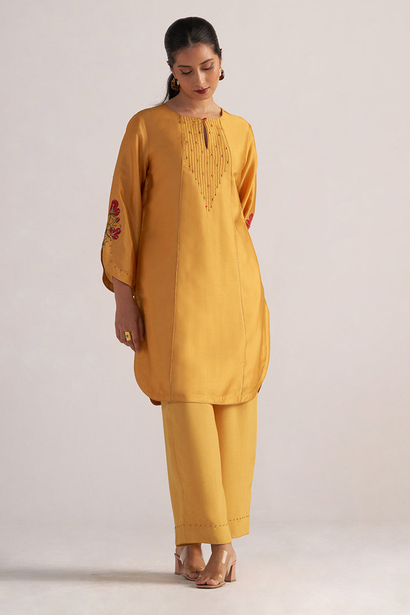 Golden Orange Print and Solid Festive Co-ord Set