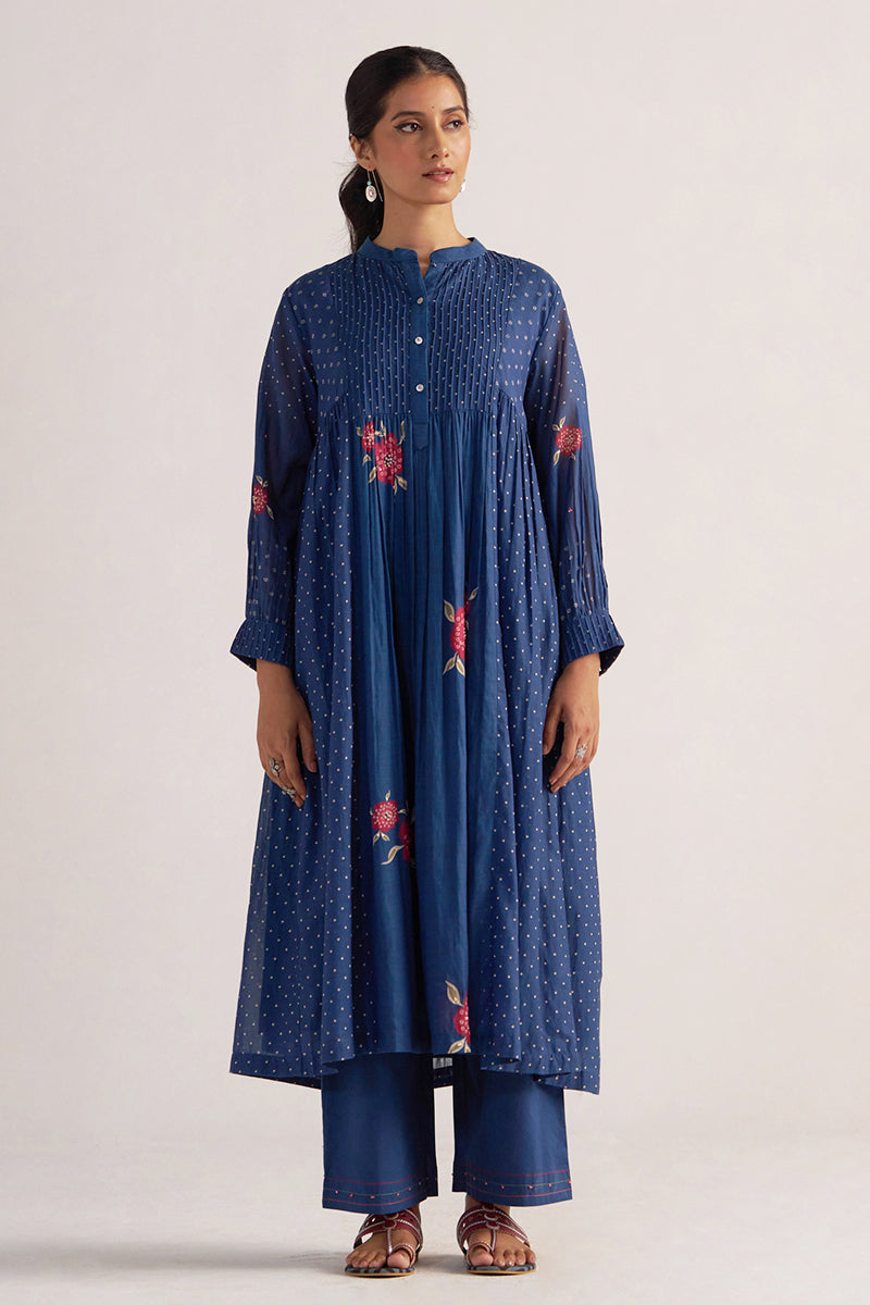 Navy Blue Bandhani and Flower Print Mul-Chanderi Co-ord Set