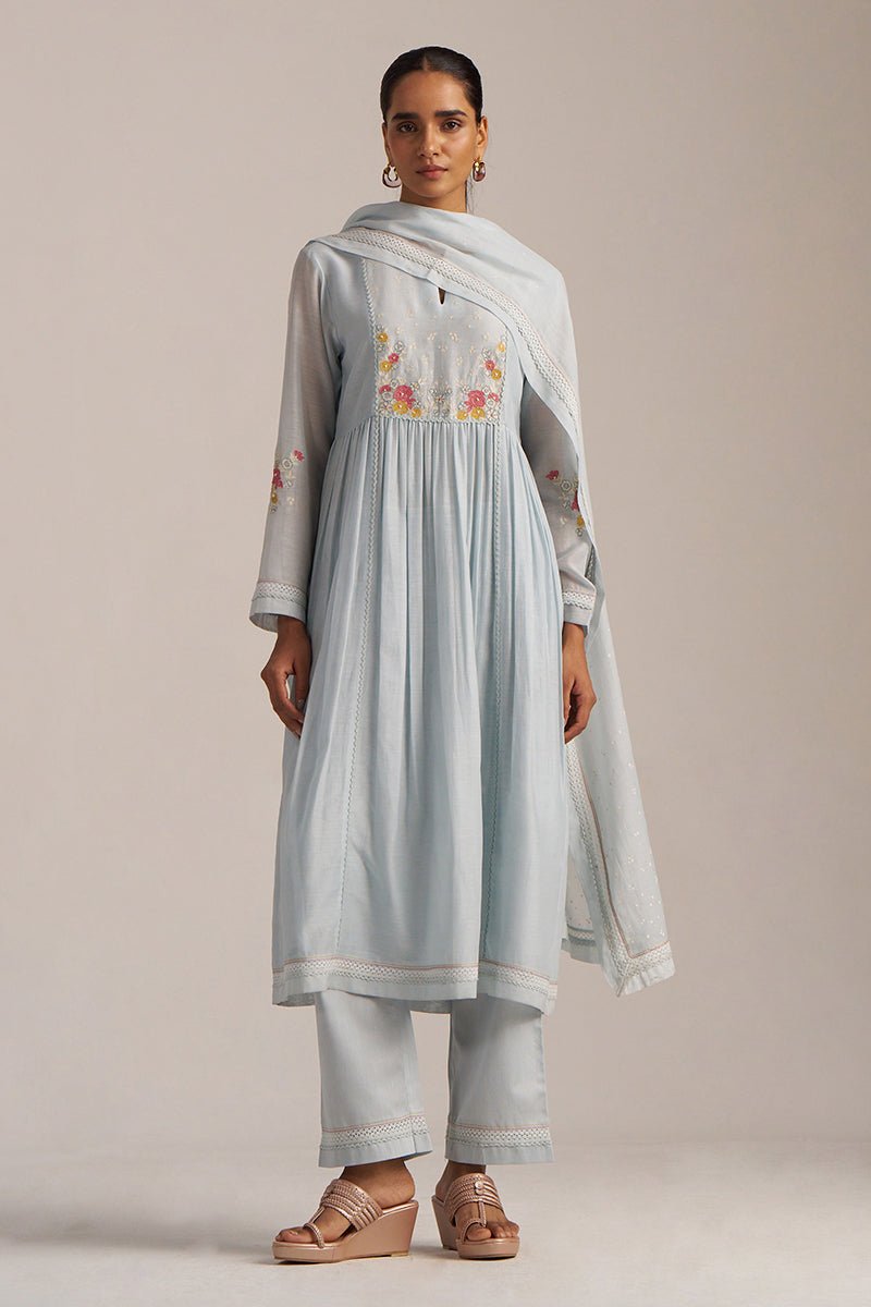 Chalk Blue Mul Chanderi Embroidered Kurta Set