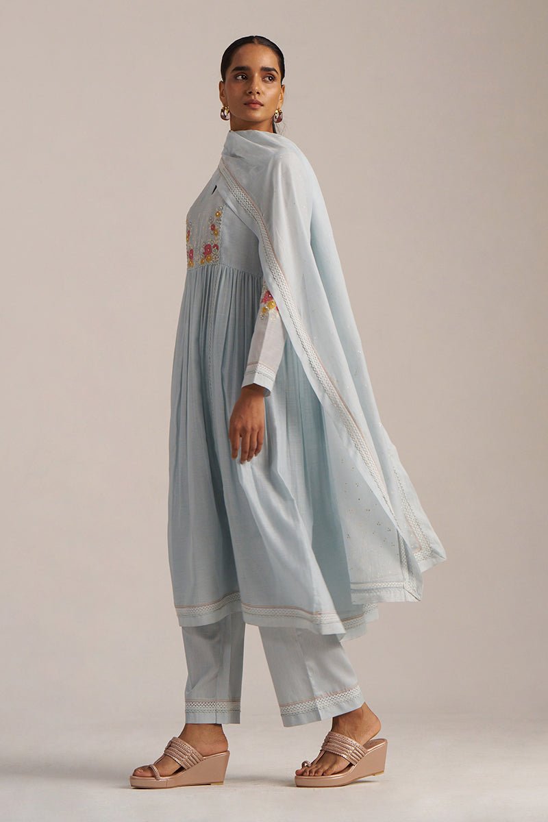Chalk Blue Mul Chanderi Embroidered Kurta Set