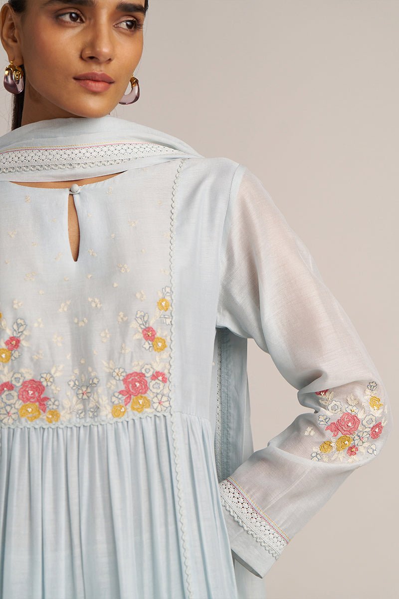 Chalk Blue Mul Chanderi Embroidered Kurta Set