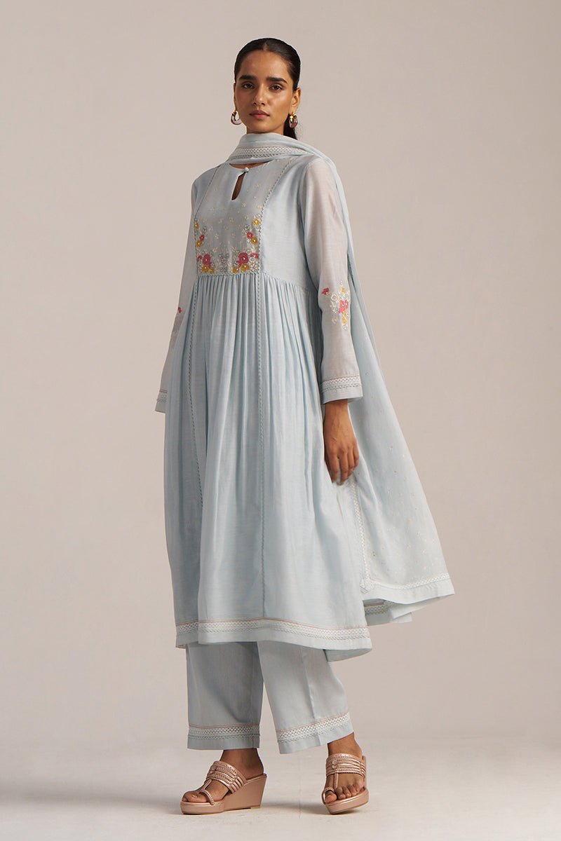 Chalk Blue Mul Chanderi Embroidered Kurta Set