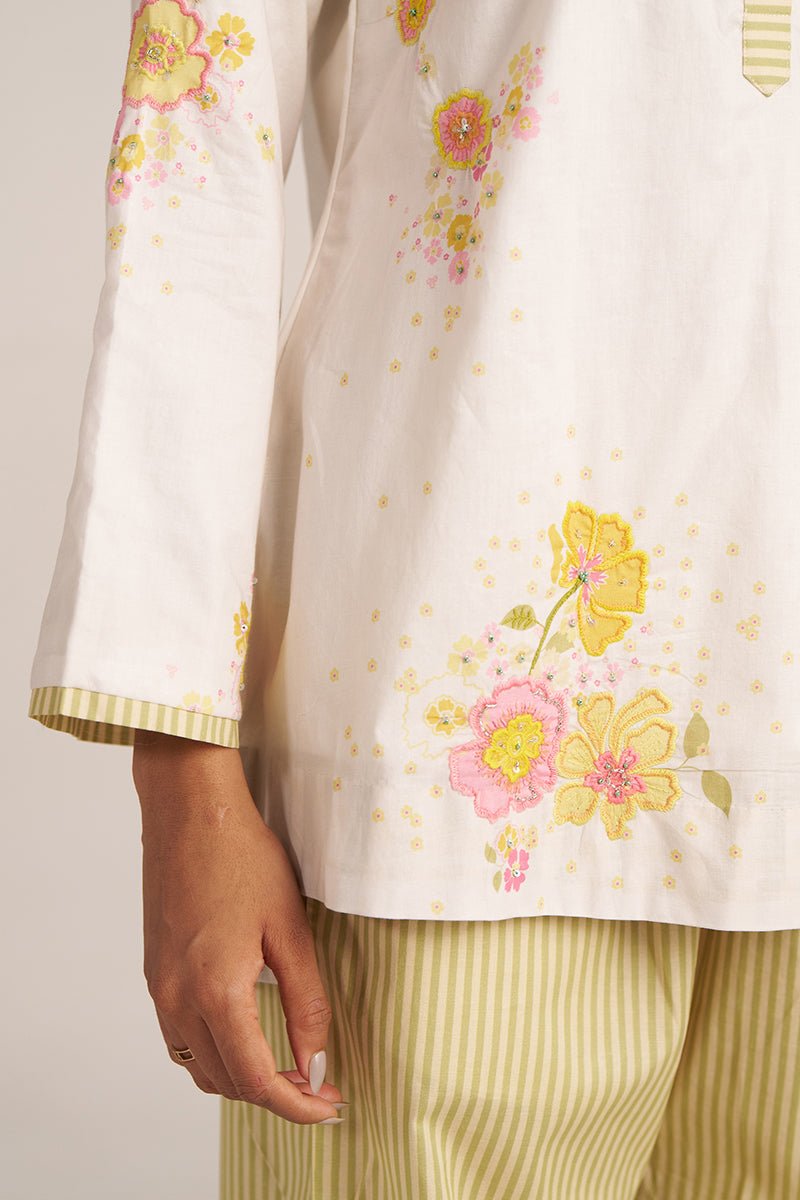 Ivory and Green Oasis Embroidered Co-ord Set