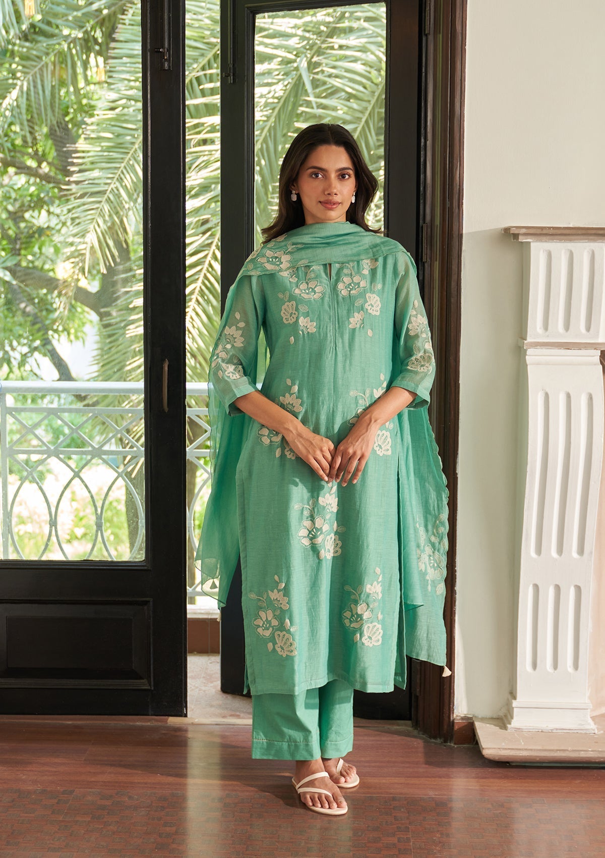 Mint Applique Embroidered Kurta Set