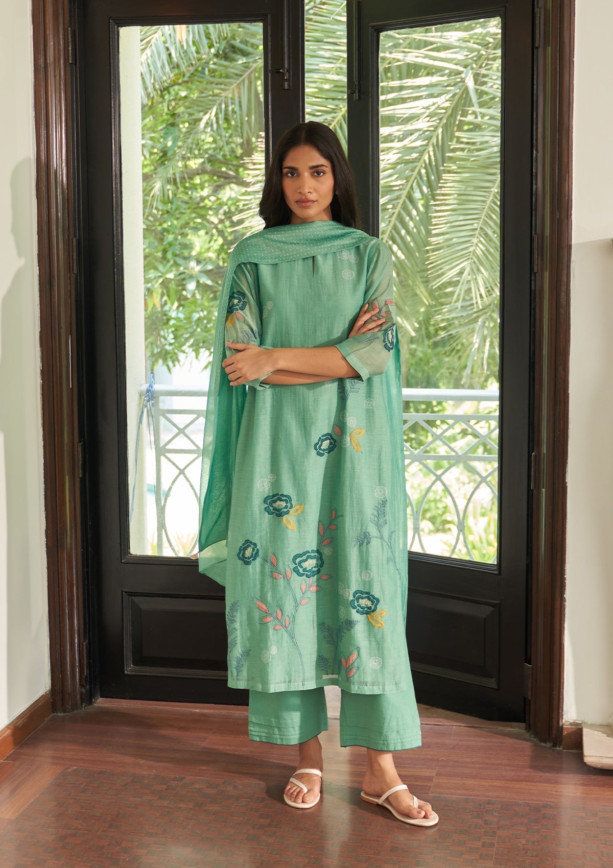 Mint Floral Embroidered Kurta Set