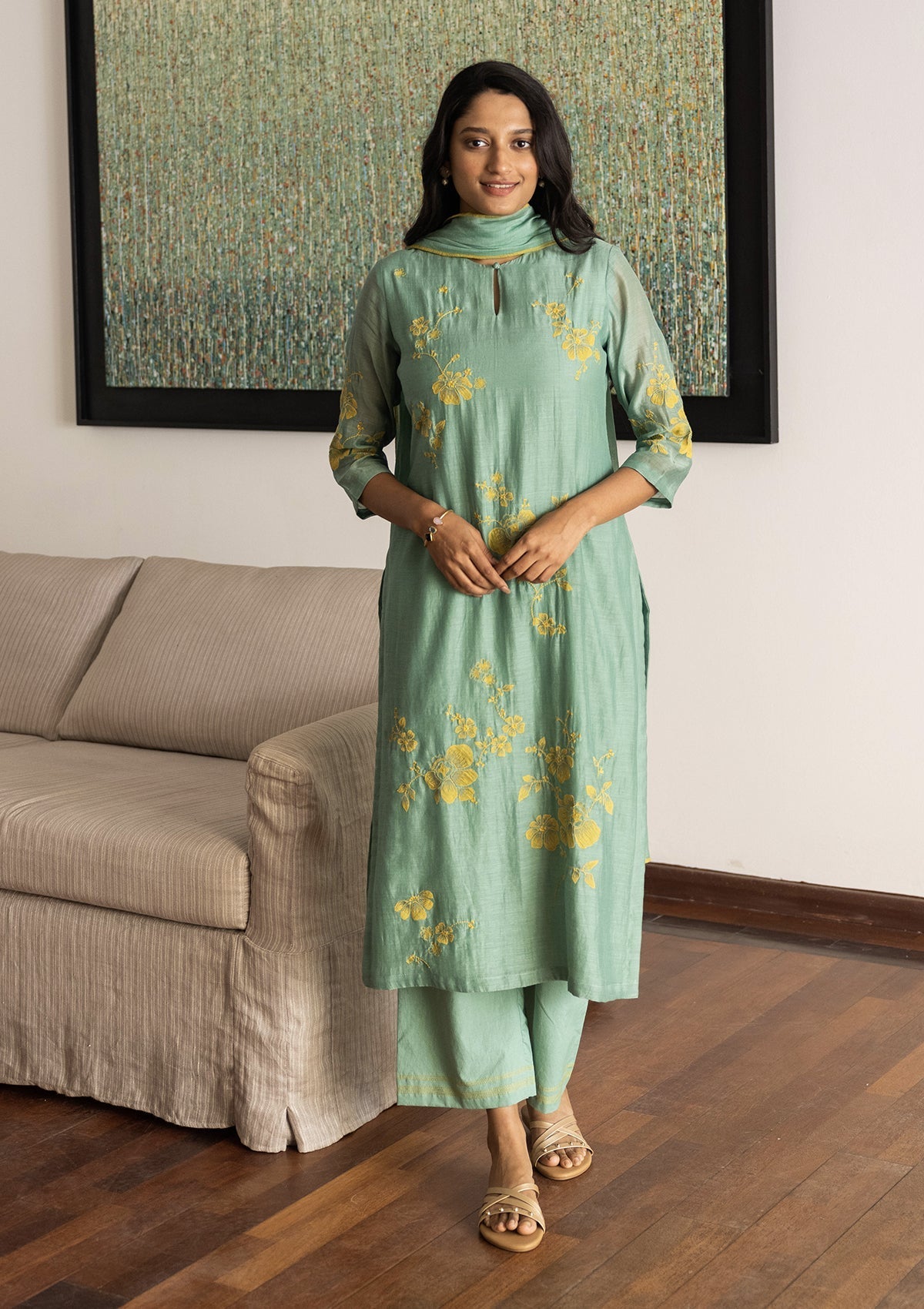Mint Floral Applique Kurta Set